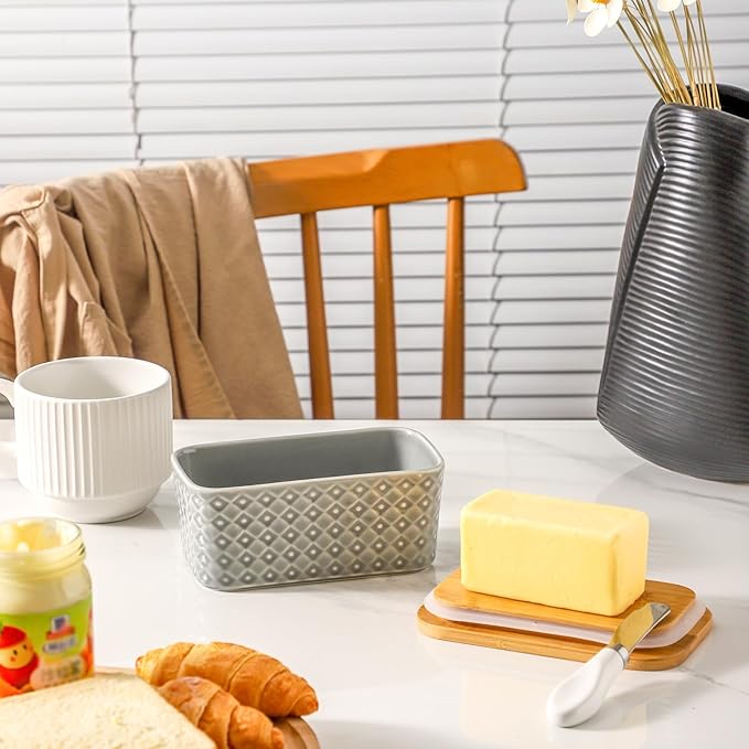 Hasense Ceramic Butter Dish with Wooden Lid, Large Butter Container for Countertop Airtight Butter Stick Covered Keeper,Grey Embossed Pattern,Easy Clean Dishwasher Safe