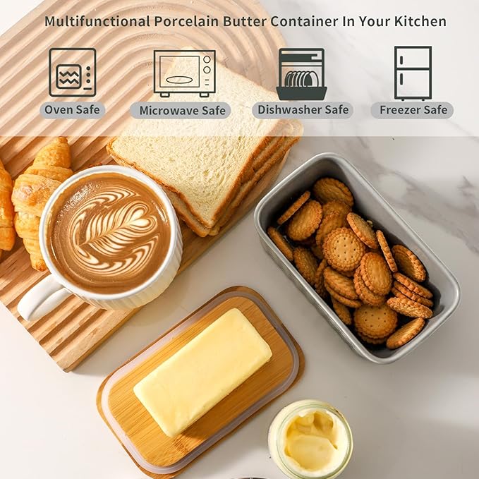 Hasense Ceramic Butter Dish with Wooden Lid, Large Butter Container for Countertop Airtight Butter Stick Covered Keeper,Grey Embossed Pattern,Easy Clean Dishwasher Safe