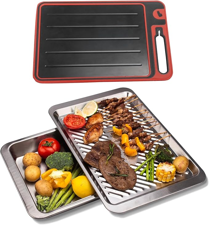 Prep and Serve Sets of 3PCS - Stainless Steel Container for Marinades, Stainless Steel Serving Tray, 2-in-1 Aluminum Defrosting Tray with Plastic Cutting Board, The BBQ Food Prep Grill Set