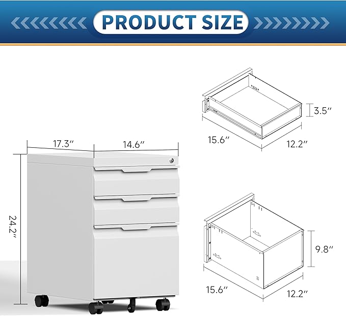 File Cabinet for Home Office,3 Drawers Mobile File Cabinets Rolling,Under Desk Metal Filing Cabinet, Small Mobile File Storage Cabinets for Legal/Letter/A4 -White/Assembly Required