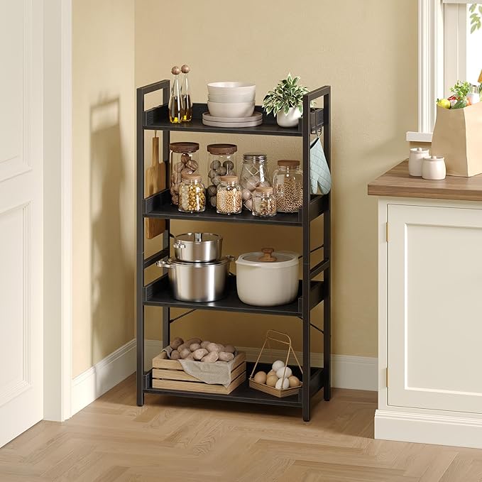 Rolanstar Bookshelf 4 Tier with 4 Hooks, Industrial Wood Bookcase, Vintage Storage Rack with Open Shelves, Rustic Standing Bookshelves Metal Frame Display Rack for Living Room, Bedroom, Black