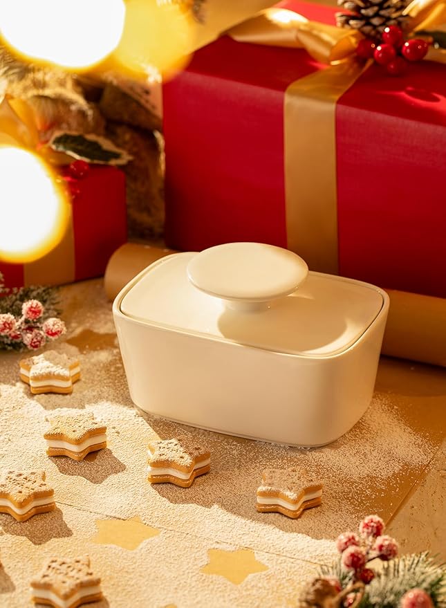 Sweese Extra Large Butter Dish with Lid, 6.2" Porcelain Butter Keeper Container - Perfect for East/West Coast Butter and Kerrygold Butter, Butter Crock with Lid, Gift - White