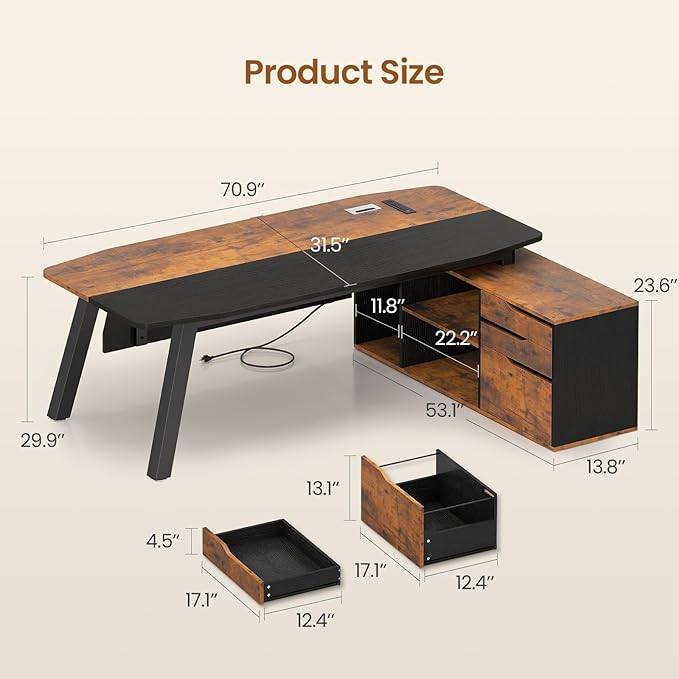 SEDETA 71" Executive Desk with File Cabinet, Large Office Desk with Drawers and Shelves, L Shaped Computer Desk with Power Outlets, Business Furniture Desk Workstation for Home Office, Brown