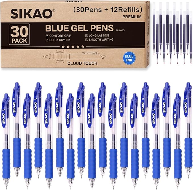 Blue Gel Pens Bulk 30 Pack Blue Pens Fine Point Smooth Writing No Smudge, CLOUD TOUCH Grip 0.7mm Gel Ink, Retractable Rollerball Pens for Server Office School, Lapiceros (BLUE)