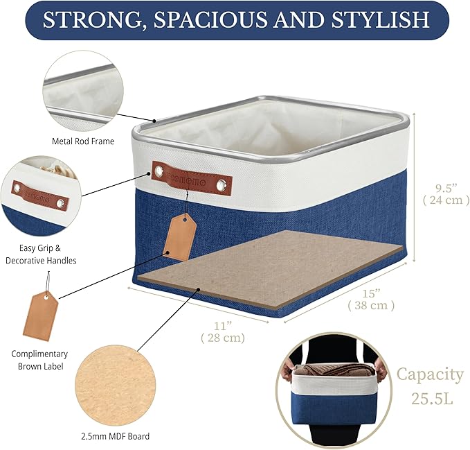 DECOMOMO Storage Baskets for Shelves - Fabric Storage Bins, Linen Closet Organizers and Storage (Navy Blue & White, Large - 4 Pack)