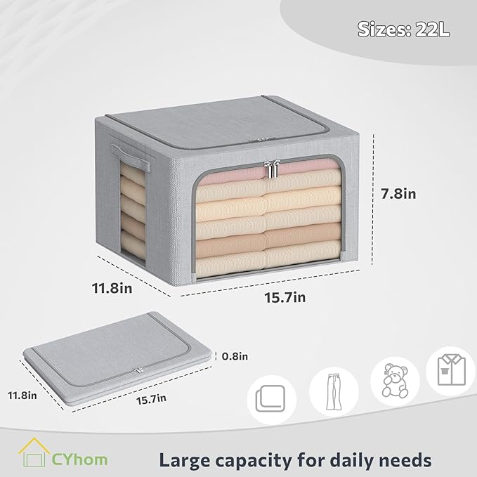 CYhom Clothes Storage Bins Box - Foldable Stackable Container Organizer Set with Clear Window & Carry Handles & Metal Frame - 2Pack Large Capacity for Bedding, Blankets, Books