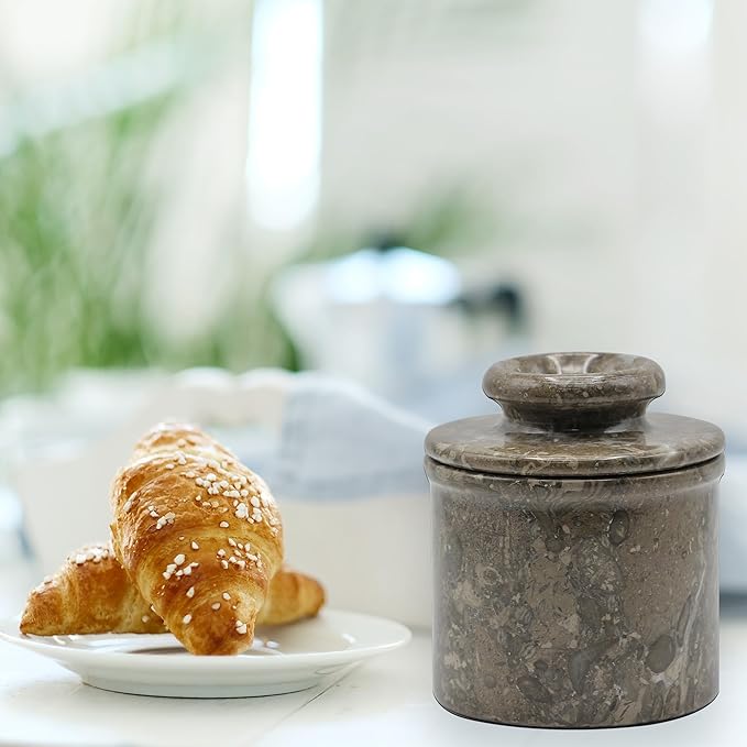 Butter Crock With Lid- Perfect Butter Keeper Crock- Classic Butter Bowl- Stylish French Butter Keeper - Purely Handcrafted Natural Marble - (Gray Oceanic)