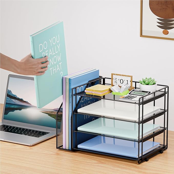 Marbrasse Desk Organizer and Accessories，4-Tier Paper Letter Tray Organizer with File Holder，Desk Accessories & Workspace Desktop Organizers for School Home Office Supplies (Black)