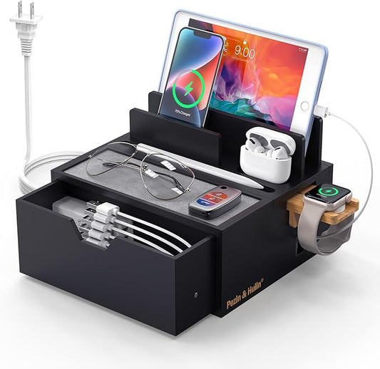 Pezin & Hulin Bamboo Charging Station for Multi Device with 5 USB Charger HUB, Phone Docking Station with Lined Tray & Drawer(Include 5 Charger Cables)-Black