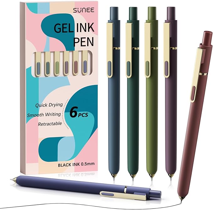 SUNEE Gel Pens, 6 Pack 0.5mm Pens Fine Point Smooth Writing Pens with Quick-Dry Black Ink, Cute Aesthetic School Office Note-Taking Pens for Journaling - Vintage