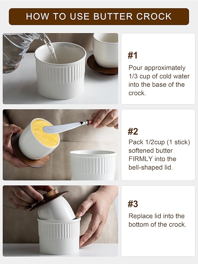 Ceramic Butter Dish With Lid, Butter Crock for Countertop, French Butter Keeper for Spreadable Butter, Elegant Embossed Pattern, Cream White