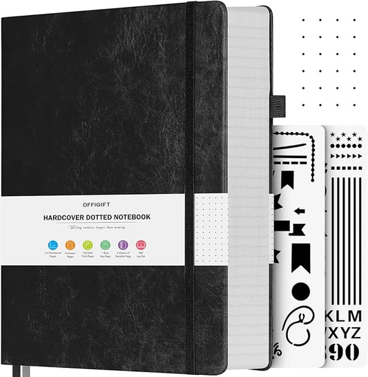 Dotted Journal Notebook, 312 Numbered Pages Large B5 Hardcover Leather Notebook, 100gsm No Bleed Paper Dot Grid Notebook with Index Pages, Dot Journal for Women Men, 7.6'' X 10'', Black