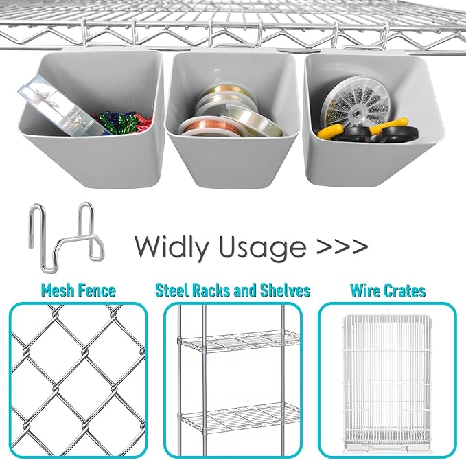 G.CORE Large Grid Wall Bins - 6Pack Gray Gridwall Accessories Hanging Cups with Back Hooks - Plastic Grid Wall Panels Organizers Wire Shelves Holders for Garage Garden Craft Office Tools Storage