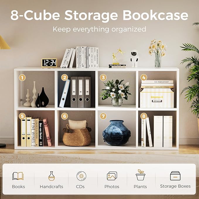 COMHOMA 8 Wood Cube Storage Organizer with Open Back and Removable Back Panels, 11In White Cube Storage Bookshelf, Cubicle Shelf Bookcase for Home Office Bedroom Living Room, Vertical or Horizontal