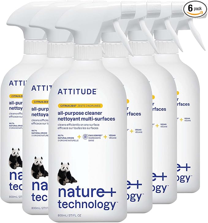 ATTITUDE All Purpose Cleaner Spray, EWG Verified, Vegan, Made with 94% Plant-Based Ingredients, Streak-Free for Kitchen, Bathroom, Glass & More, Citrus Zest Scent, 27.1 Fl Oz (Pack of 6)