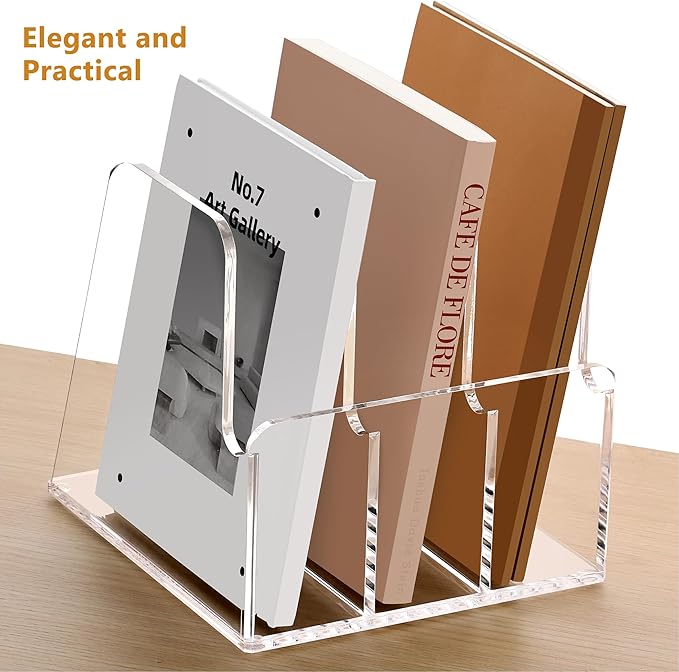 SANRUI Desk Organizer Clear Acrylic Desk Magazine File Holder with 3 Vertical Sections Magazine Rack File Organizer for Office, Home, School