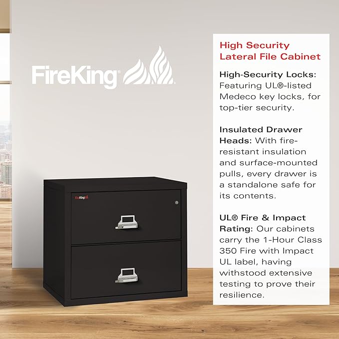 FireKing Fireproof Lateral File Cabinet (2 Drawers, Impact Resistant, Water Resistant), 27.75" H x 31.19" W x 22.13" D, Black