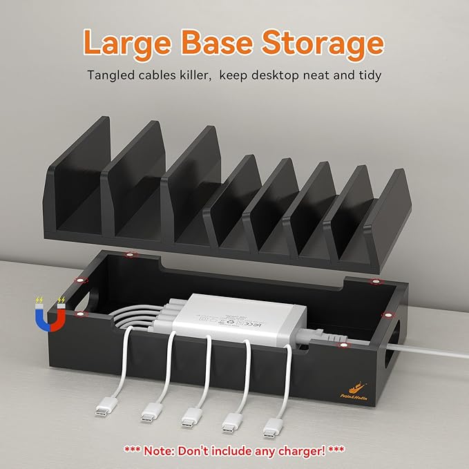 Pezin & Hulin Bamboo Charging Station with Watch Stand, Docking Holder for Multi Device with 5 Charge Cables, Desktop Dock Stations Electronic Organizer for Cellphone, Tablet, Watch-Black