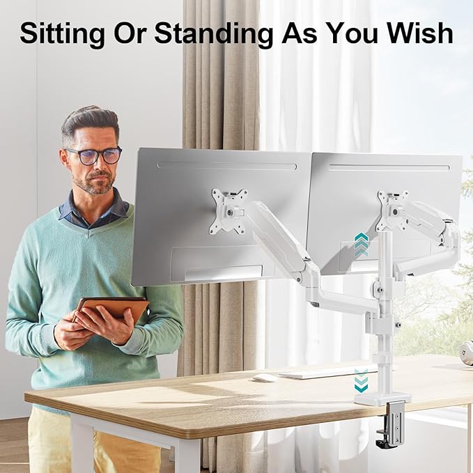 MOUNT PRO Dual Monitor Mount for 13-32" Computer Screen, Tall Monitor Stands for 2 Monitors, Adjustable Gas Spring Double Vertical Monitor Desk Mount, Each Arm Holds 4.4 to19.8lbs, VESA Mount, White