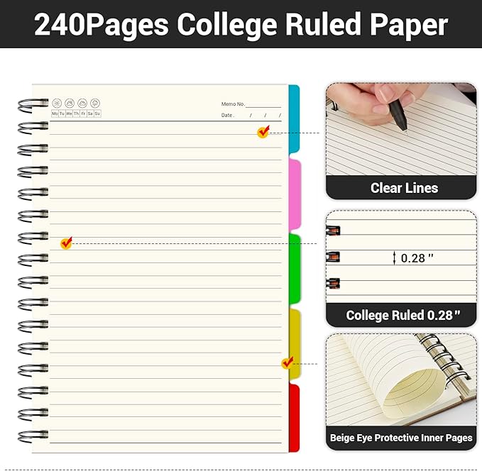 EUSOAR 5 Subject Spiral Notebook, 1pcs B5 7.3"x10.2" College Ruled Writing Pad, 100GSM 120Sheets/ 240Pages of Lined Paper, Thick Hardcover, for Traveling Students, Office and Business, Kraft