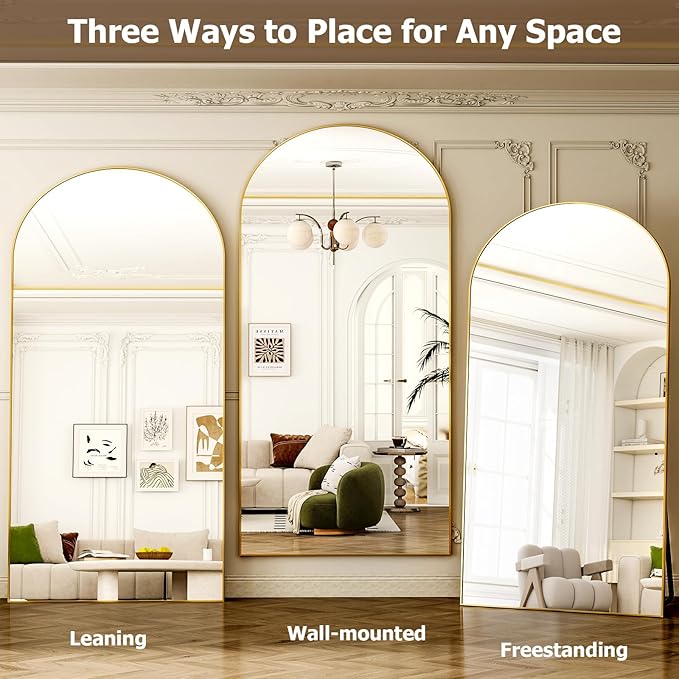 GLSLAND-38x77 inch Arched Full Length Mirror - Floor Mirrors Aluminum Alloy Frame Full Body Dressing Mirror for Bedroom Living Room,Gold