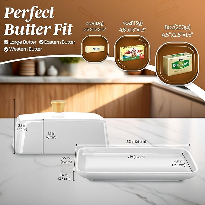 Flexzion Ceramic White European Butter Dish with Lid for Countertop (8 Inch) - Wide 2 Stick Double Butter Holder for Counter, Cream Cheese Container Storage Keeper
