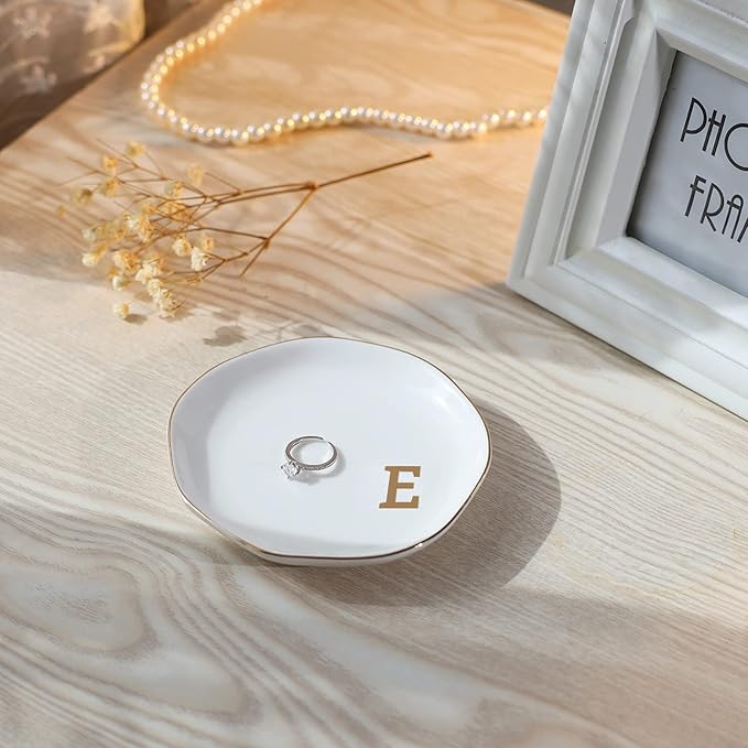 Initials Ring Dish Jewery Tray with Personalized E-Monogrammed Gifts Wedding Engagement for Women Friends sister,Ceramic White