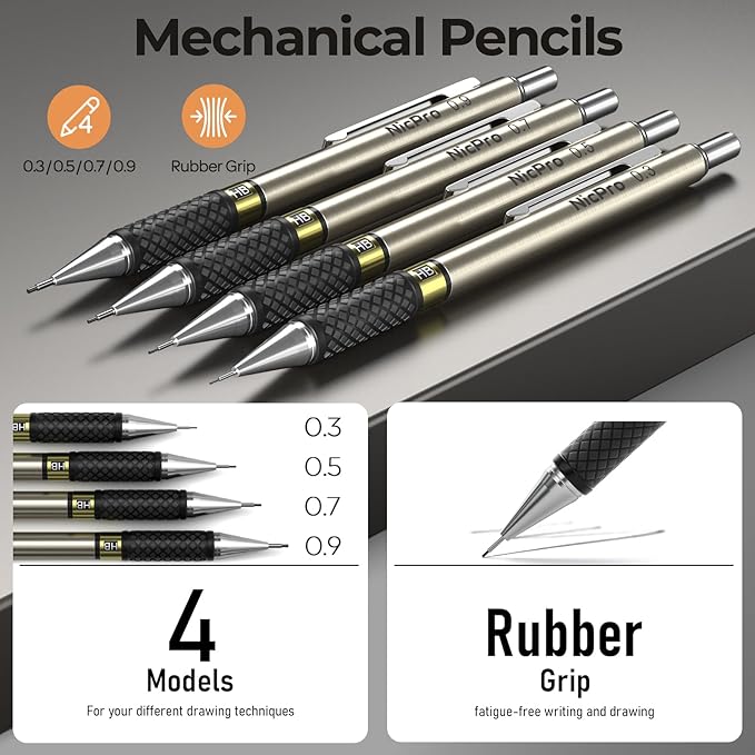Nicpro 37PCS Gold Art Mechanical Pencil Set, 4PCS Metal Drafting Pencil 0.3/0.5/0.7/0.9 mm & 2PCS 2mm Lead Holder (6B 4B 2B HB 2H 4H) School Supplies for Sketching Drawing with 23 Tube Lead Refills