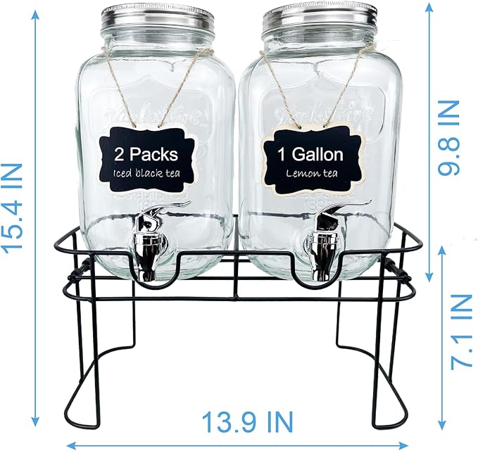 1 Gallon Glass Drink Dispenser for Parties, 2 Packs Juice Lemonade Ice Tea Water Dispenser with Stand, HENABLE Beverage Dispensers with Spigot for BBQ, Picnic, Party