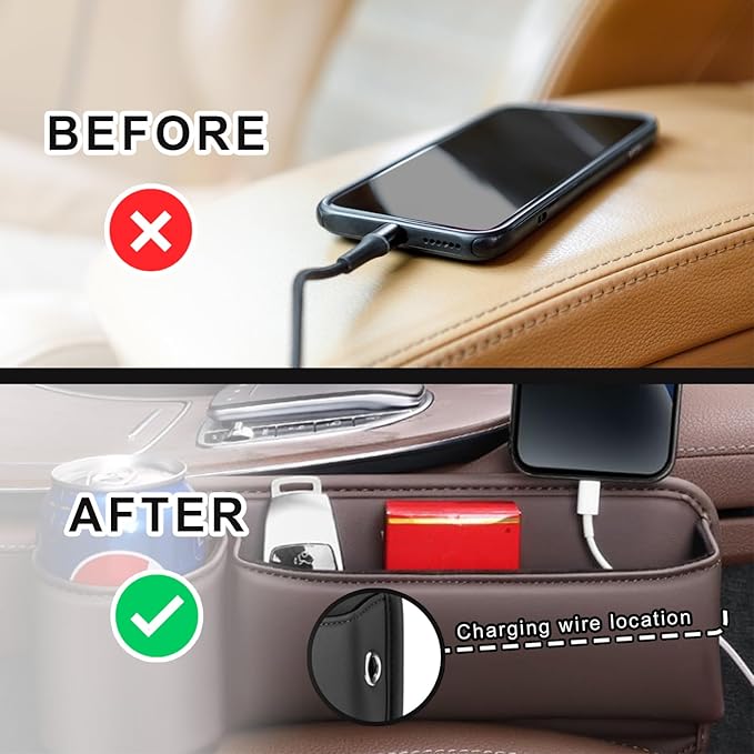 2-Pack car seat Gap Filler Organizer with Cup Holder, Adjustable Car Seat Gap Storage Box Leather with Cup Holder for Phones Glasses Keys Cards (Black. Driver- Passenger)