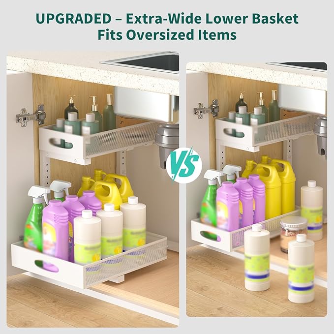 Under Sink Organizer, Extra-Wide Upgrade, 2 Pack 2 Tier Metal Slide Out Cabinet Organizer, Height Adjustable Organization and Storage Series, Bathroom/Cabinet/Kitchen organization, White