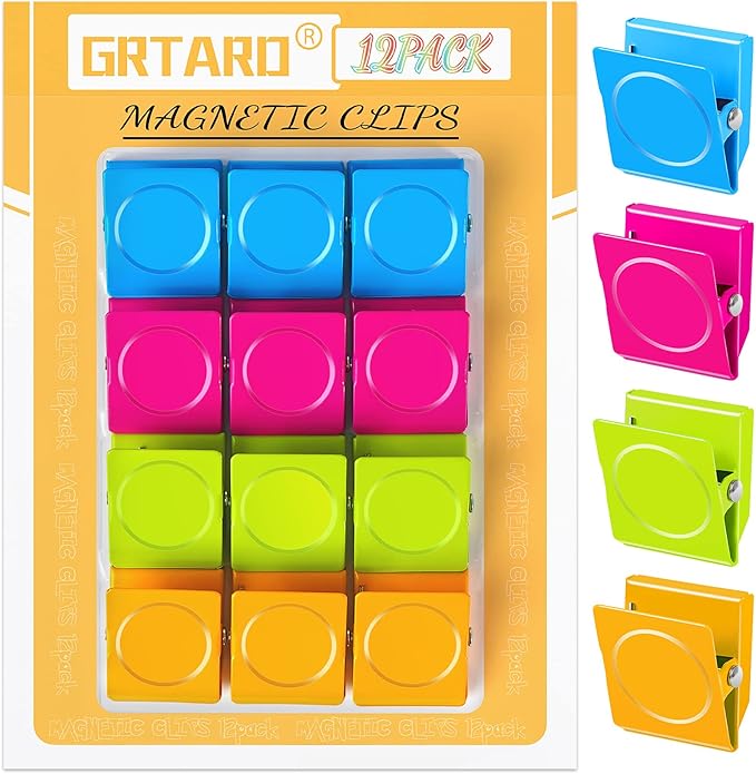 Grtard 12 Pack Magnetic Clips Heavy Duty, Colorful Strong Fridge Magnet Clips Heavy Duty, Metal Magnet Clips for Fridge, clip Magnets, Magnetic Clips for Refrigerator, Locker, Whiteboard, Home, Office