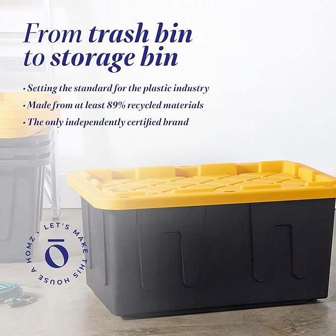 HOMZ 6-Pack Durabilt Tote, Heavy Duty Plastic Storage Bins with Lids, 15 Gallon, Black/Yellow - Stackable Organizing Containers for Home, Garage, and Office