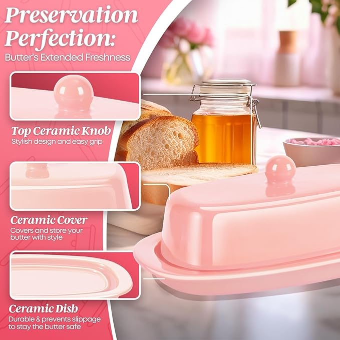 Flexzion Ceramic Pink European Butter Dish with Lid for Countertop (7 Inch) - 1 Stick Butter Holder for Counter, Cream Cheese Container Storage Keeper