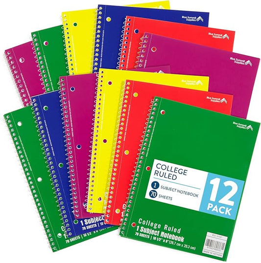 Blue Summit Spiral Notebooks Bulk, One Subject Spiral Notebook College Ruled, Perforated Notebook, 8 x 10.5 for Work and School, Paper, College Ruled, Bulk 12 Pack
