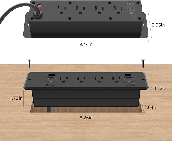 HHSOET 8 Outlet Recessed Power Strip, 30W Fast Charging Furniture Power Outlet USB C, Flush Mount Surge Protection Socket with 4 USB-A and 4 USB-C, 10ft Power Cord. (Black)