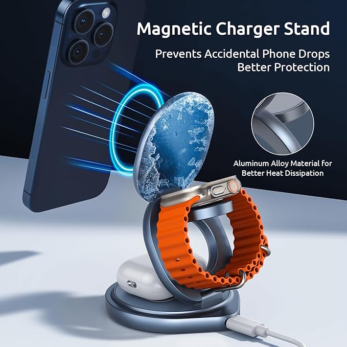 3 in 1 Wireless Charging Station for Apple Travel Charger for Multiple Devices Aluminum Alloy Foldable Magnetic Magsafe Charger 360 Rotating for iPhone 17/16/15/14/13/12 Series,for iWatch,for Airpods