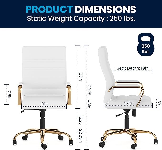 Flash Furniture Whitney Mid-Back Swivel LeatherSoft Desk Chair with Padded Seat and Armrests, Adjustable Height Padded Office Chair, 27"D x 26"W x 43"H, White/Gold