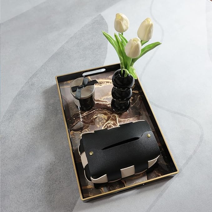 Black Marbling Decorative Tray with Handles, Morden Plastic Rectangular Serving Tray for Coffee Table Bathroom, Ottoman, Home Decor, 15.7"* 10.2"* 1.38"