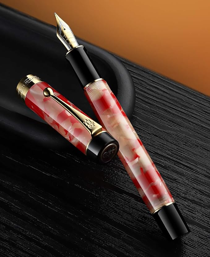 Jinhao 100 Fountain Pen Celluloid Classic Style, #6 Nib Smooth Writing Instrument with Refillable Converter and Pen Case Set