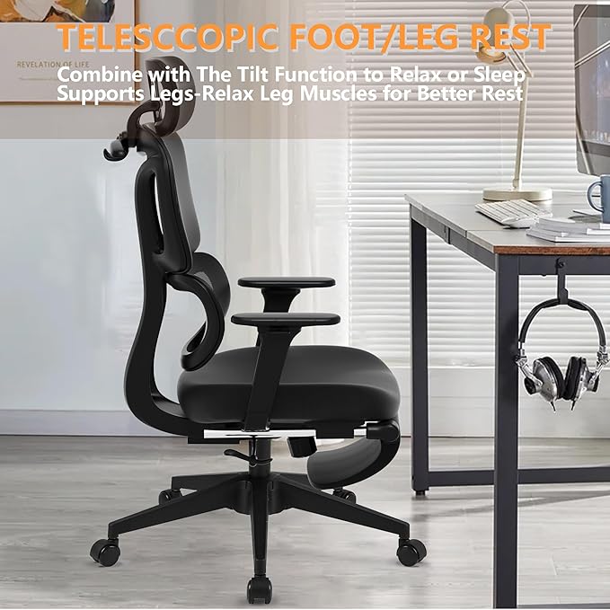 FLEXISPOT ErgoX-S Big and Tall Mesh Office Chair, Computer Desk Chair Adjustable Swivel with Footrest Lumbar Support Headrest and 360°Rotation for Home Office, Black Foam