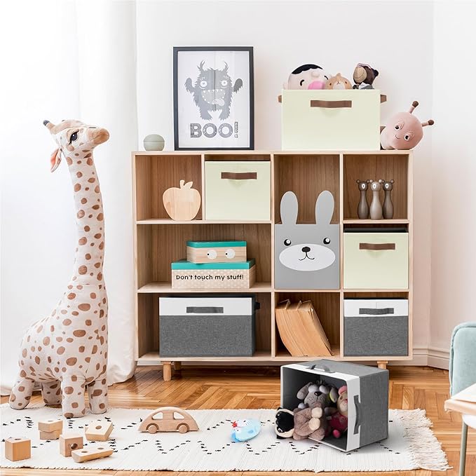 GhvyenntteS Large Storage Baskets for Shelves 6 Pack, Collapsible Fabric Storage Bins with 3 Handles, Decorative Closet Organizers and Storage bins for Clothes Blanket Beddings (Beige, 15"x11"x9.6")