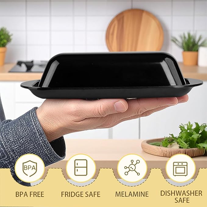 Butter Dish with Lid and Knife, Durable Countertop & Fridge Butter Keeper, BPA-Free Melamine Butter Container, Dishwasher Safe, Fits East/West Coast Butter Sticks (Black)