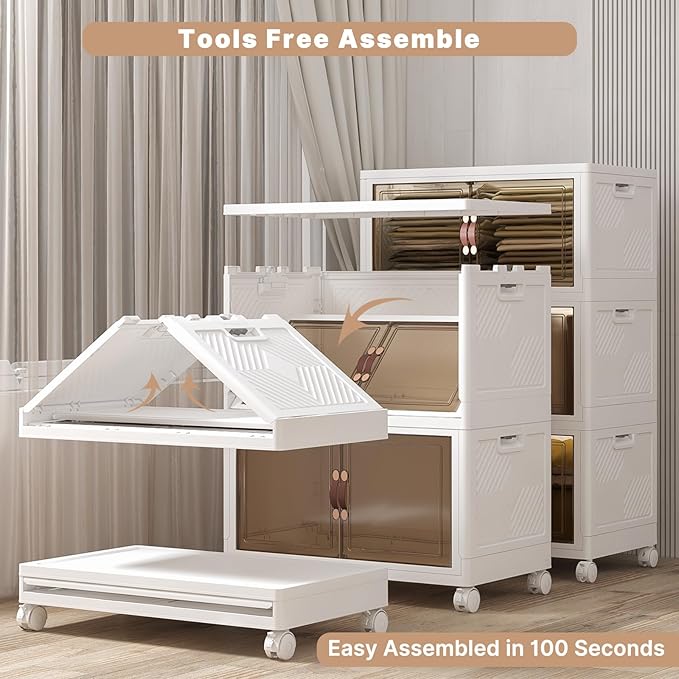 Extra Large Stackable Storage Bins with Lids & Wheels, Foldable Collapsible Closet Organizers Storage Cabinet with Doors for Bedroom Dorm (White, 672QT-168QT/42GAL*4Pack)