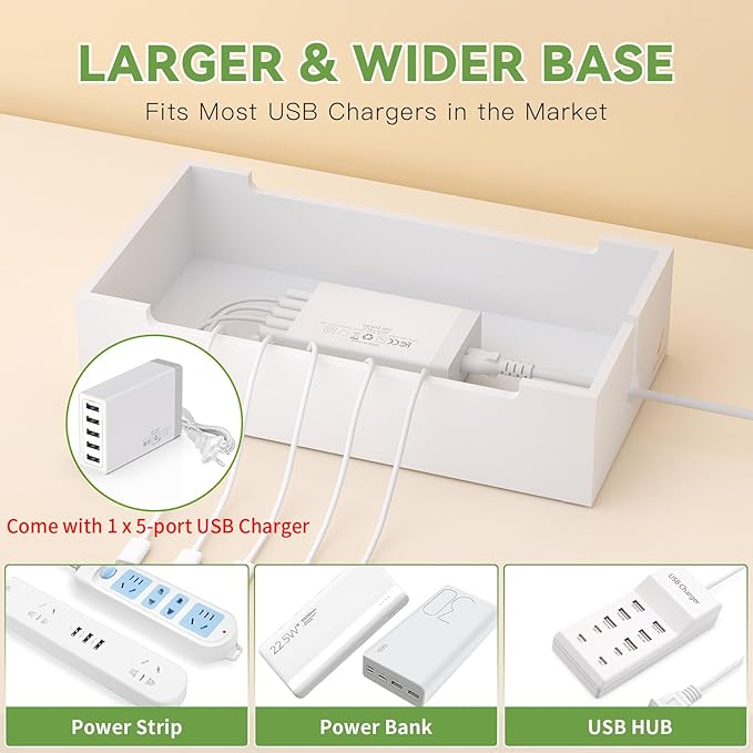Pezin&Hulin Multi Devices Charging Station, With USB Adapter and 6 Cables, Cord Organizer for Desk, Cell Phone Charger Dock to Management Cables and Power Strip, Desktop Cord Hider Box -Natural +White