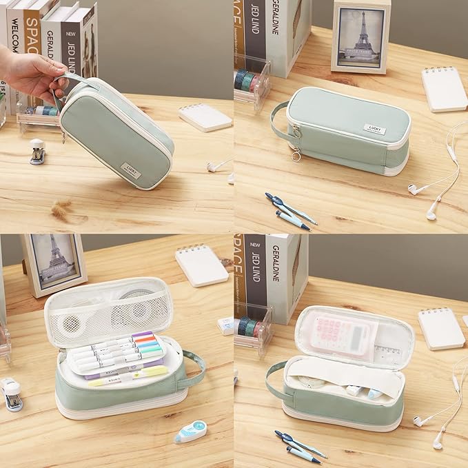 Dugio Big Pencil Case for Girls Teens Kids Zipper Pencil Pouch with Handle Organizer Pencil Bag Aesthetic Pencil Box for School Green