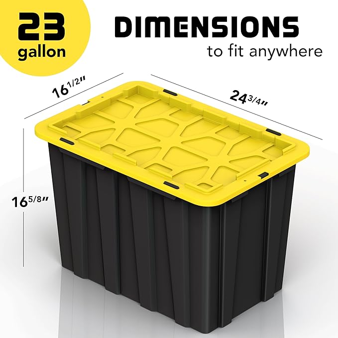 Lifetime Home 4 PACK of X-Large 23 Gallon Plastic Storage Bin Tote Organizing Container with Secure Latching Lids, Stackable, Extra Strength with Built in Handle - Black & Yellow