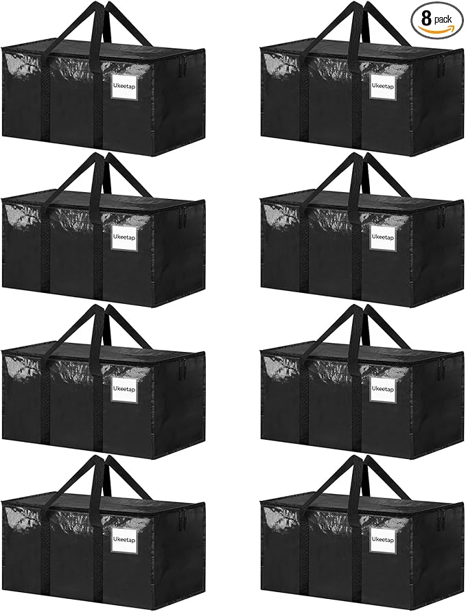 8 Pack Extra Large Heavy Duty Moving Bags, Black Storage Bins with Lids, Reinforced Handles & Heavy-Duty Zippers Moving Boxes Storage Bags Totes for Clothes Packing, Dorms, College Supplies, Black