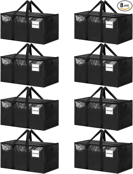 8 Pack Extra Large Heavy Duty Moving Bags, Black Storage Bins with Lids, Reinforced Handles & Heavy-Duty Zippers Moving Boxes Storage Bags Totes for Clothes Packing, Dorms, College Supplies, Black