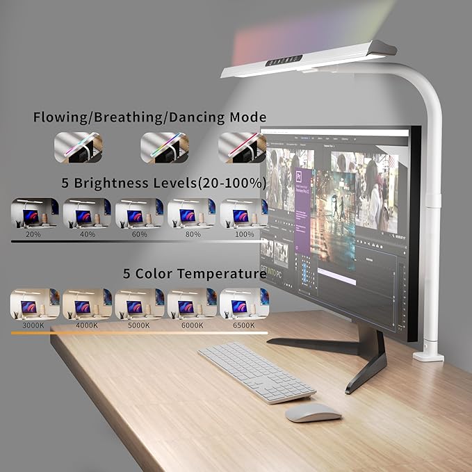 2-in-1 Desk Lamp with RGB Backlight,Architect Desk Lamps for Home Office,24W Tall Desk Lamp with Clamp,60"Timer,25 Lighting Modes,Eye Protection Swing Arm Lamp for Home/Office/Gaming/Study